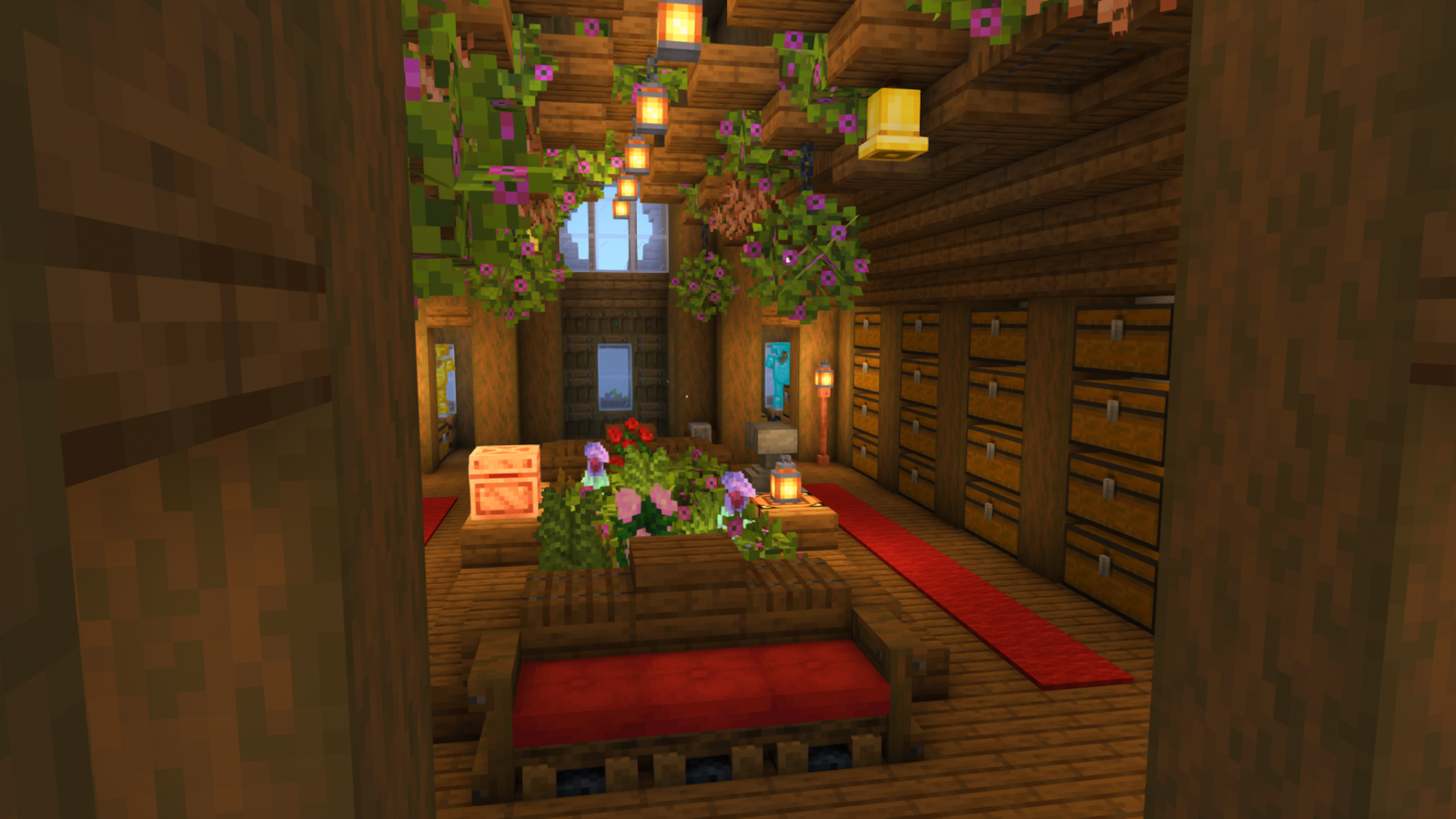 Interior of a Minecraft medieval storage room with chest walls, red carpet and flower planter