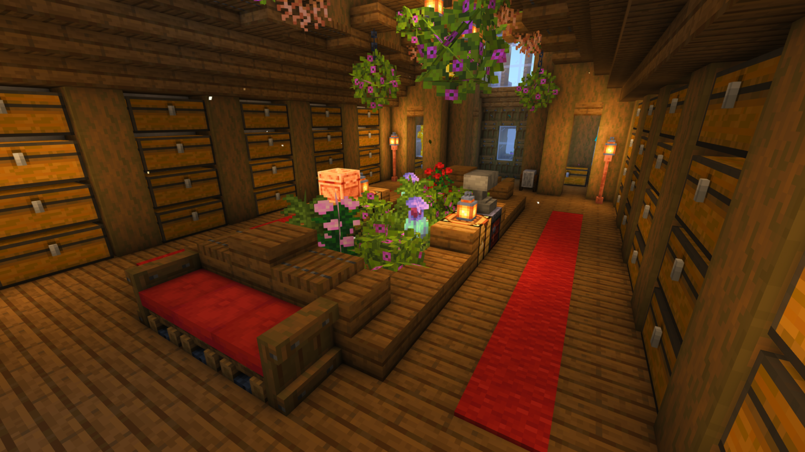 Minecraft storage hall with stacked chests on both walls and hanging lanterns